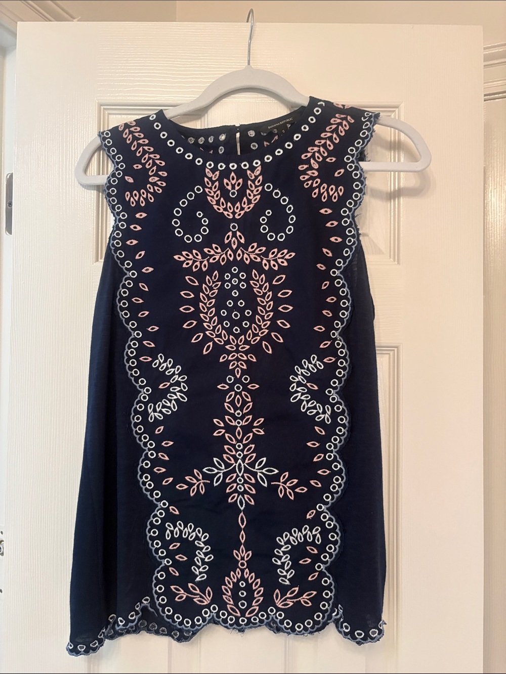 Navy Embroidered Sleeveless Shift Dress with Pink & White Detailing
